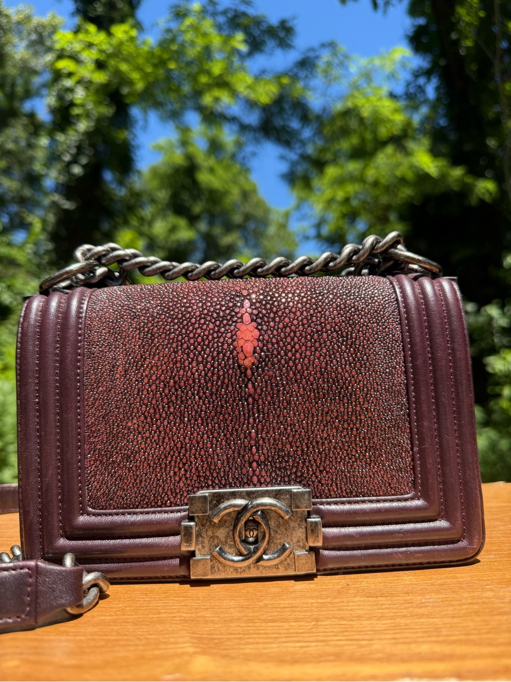 CHANEL Burgundy Stingray-Textured Boy Crossbody with Aged Silver Hardware